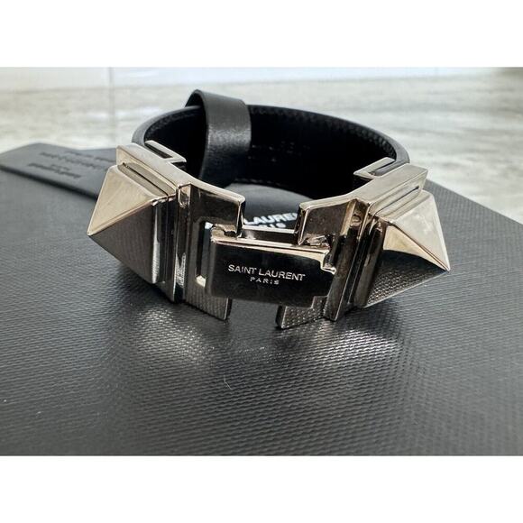 Auth Saint Laurent YSL Black Leather Stud Bracelet Small Sized Metal - Picture 3 of 16